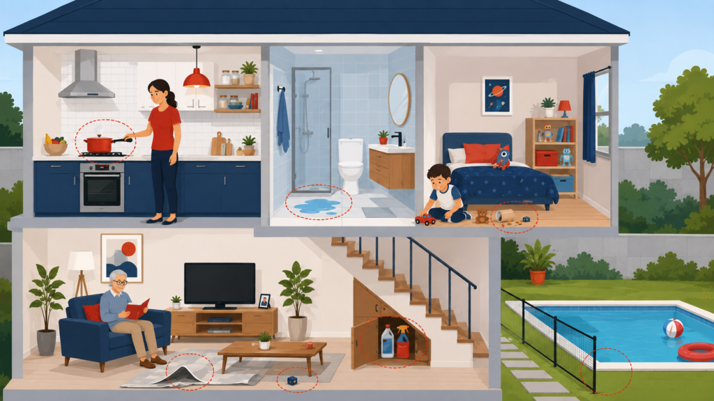Principais riscos de acidentes domesticos na cozinha banheiro sala quarto e area externa