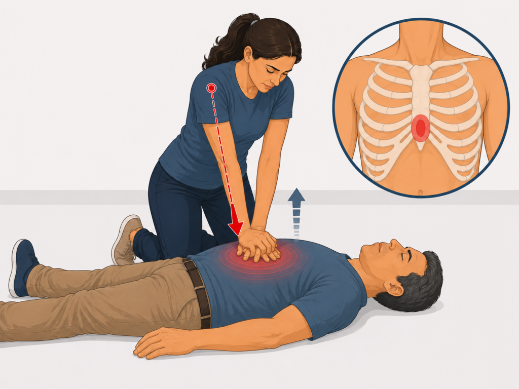 Como fazer RCP: guia passo a passo para agir em uma parada cardiorrespiratória 2 Mulher realiza compressões torácicasem adulto com braços estendidose mãos posicionadas no centro do peito.