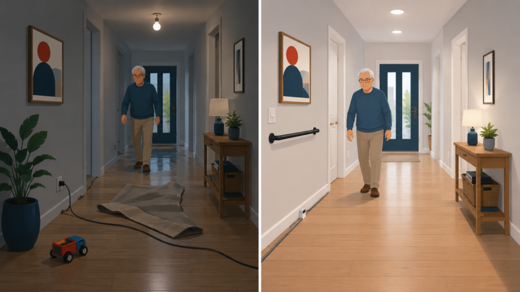diferenca entre um ambiente adequando e outro nao adequado para a prevencao de quedas