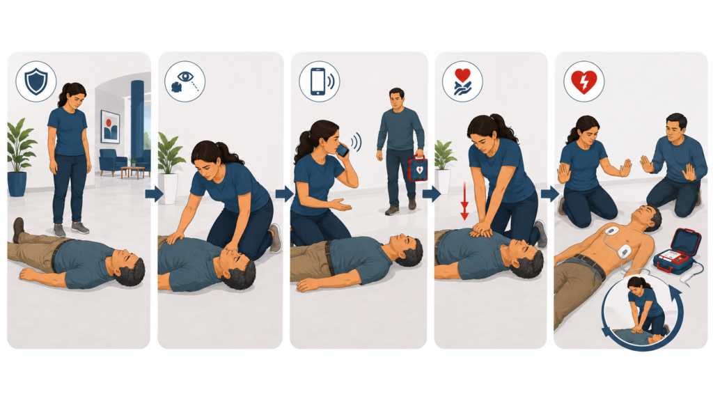 Como fazer RCP: guia passo a passo para agir em uma parada cardiorrespiratória 5 Sequência ilustrada de atendimento à parada cardiorrespiratória com avaliação da cena, reconhecimento, acionamento de ajuda, RCP e uso do DEA.