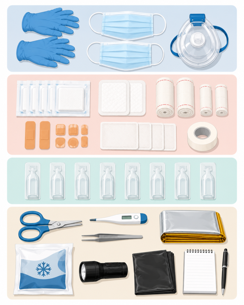 Materiais essenciais organizados para montar um kit de primeiros socorros