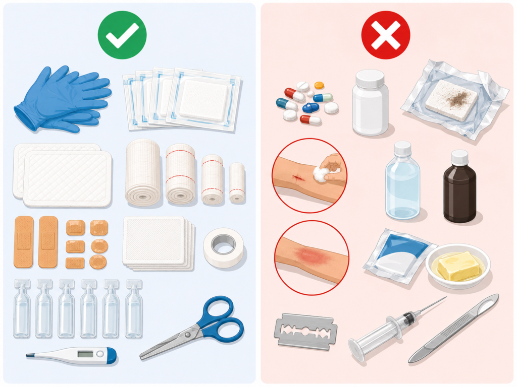 Comparação entre itens adequados e produtos que não devem ficar no kit
