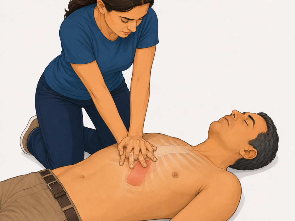Como fazer RCP: guia passo a passo para agir em uma parada cardiorrespiratória 3 Posição correta das mãos entrelaçadas para realizar compressões torácicas em adultos durnate a RCP.