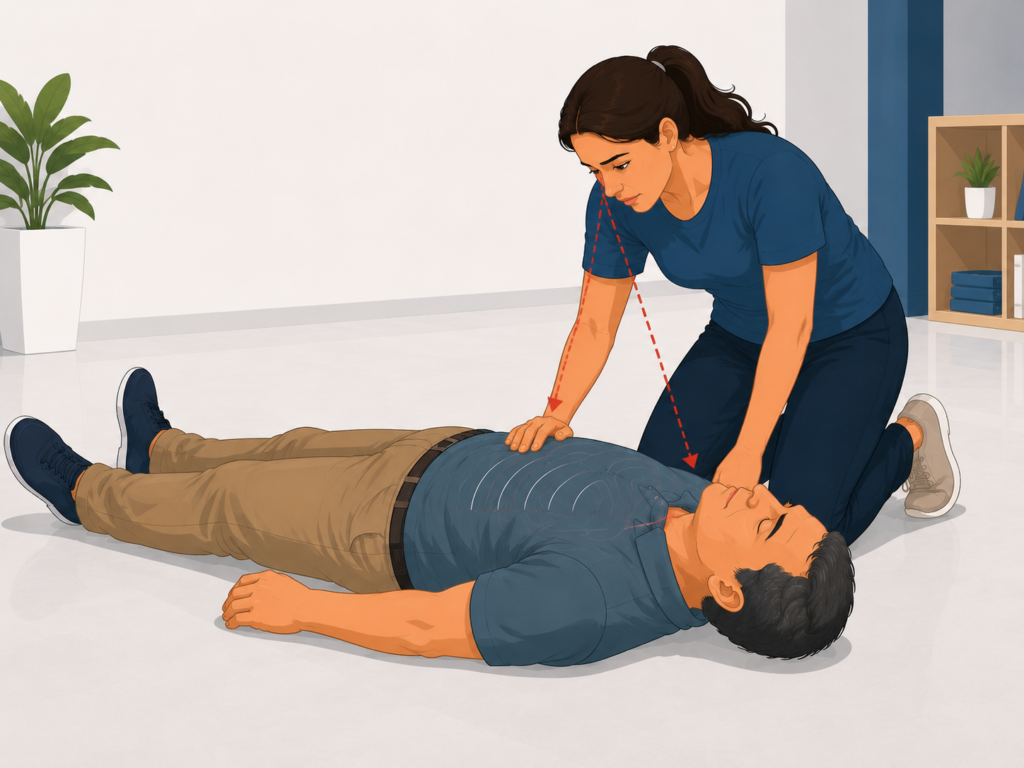 Como fazer RCP: guia passo a passo para agir em uma parada cardiorrespiratória 1 Mulher verifica a responsividade e observa a respiração de um homem inconsciente no chão.