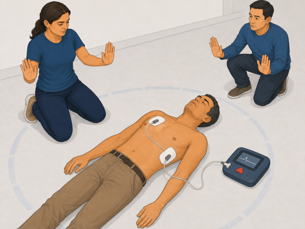 Como fazer RCP: guia passo a passo para agir em uma parada cardiorrespiratória 4 DEA conectado a adulto inconsciente com eletrodos posicionados no tórax enquanto socorristas mantémm distância.