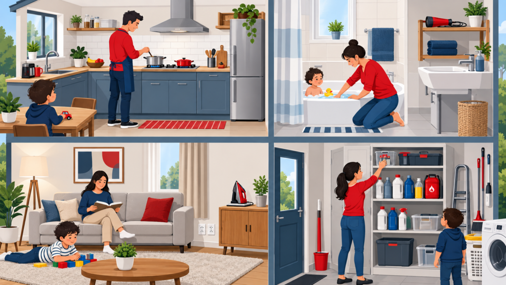 Ilustração mostra cozinha, banheiro, sala e área de serviço organizados com medidas para prevenir queimaduras, especialmente em casas com crianças.