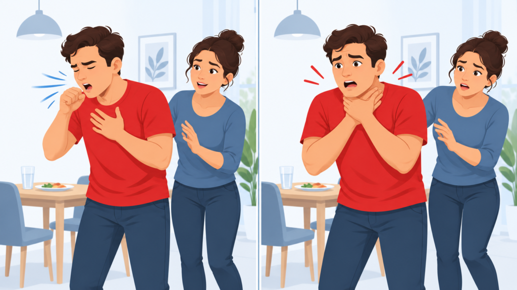 Ilustração dividida em duas cenas comparando tipos de engasgo em um adulto. À esquerda, o homem está consciente, tossindo com força e ainda movimentando ar, indicado por linhas azuis saindo da boca, enquanto uma mulher observa e o incentiva. À direita, o mesmo homem apresenta obstrução grave das vias aéreas, com as duas mãos no pescoço, sem conseguir tossir ou respirar adequadamente, enquanto a mulher se aproxima para ajudá-lo.
