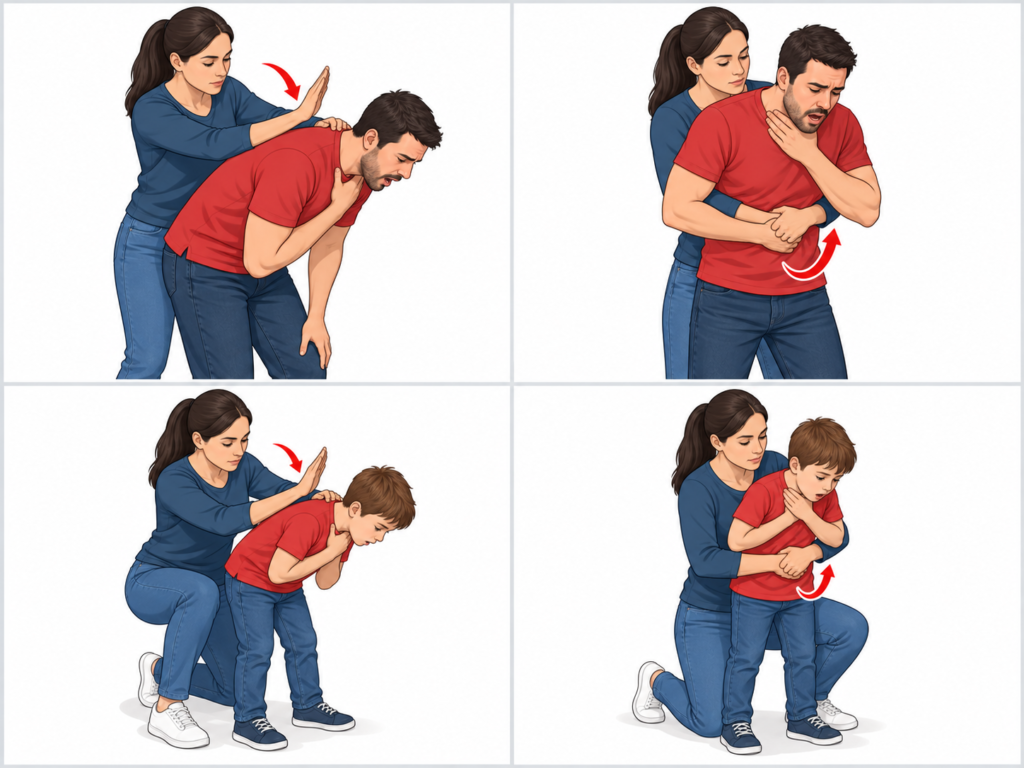 Ilustração dividida em quatro cenas mostrando primeiros socorros em caso de engasgo grave. Na parte superior, uma mulher aplica golpes entre as escápulas em um homem inclinado para frente e, em seguida, realiza compressões abdominais por trás. Na parte inferior, a mesma sequência é demonstrada em uma criança consciente, com a socorrista adaptando a altura e ajoelhando-se atrás dela para realizar as compressões abdominais.