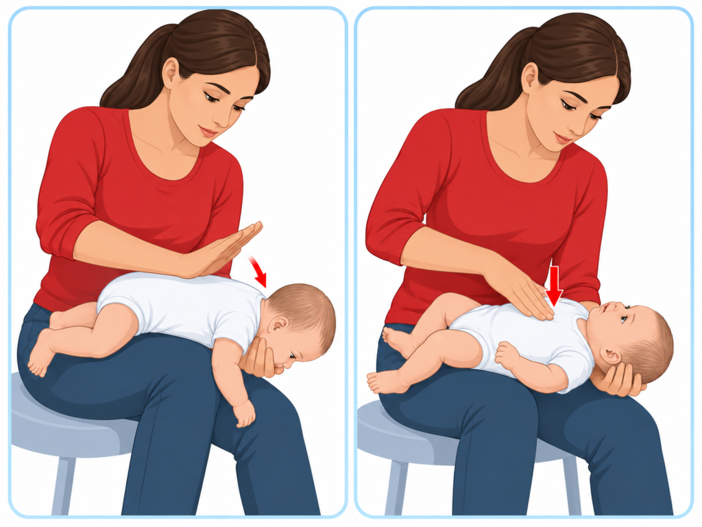 Ilustração dividida em duas cenas mostrando primeiros socorros para engasgo grave em bebê menor de um ano. À esquerda, a cuidadora apoia o bebê de bruços sobre o antebraço, com a cabeça mais baixa que o tronco, enquanto aplica um golpe nas costas entre as escápulas. À direita, a mesma cuidadora segura o bebê de barriga para cima, ainda com a cabeça mais baixa que o corpo, e realiza compressões no centro do peito. A cena tem caráter educativo e mostra a técnica de forma calma e segura.