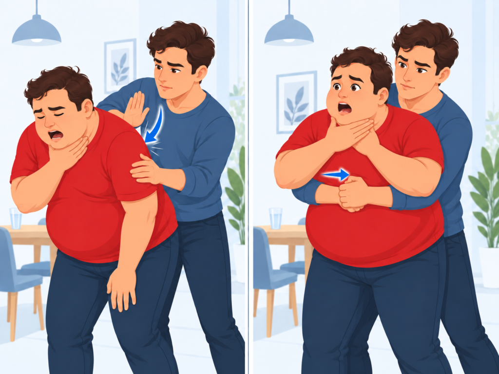 Ilustração dividida em duas cenas mostrando primeiros socorros para engasgo grave em um homem obeso consciente. À esquerda, a vítima se inclina para frente enquanto o socorrista a apoia e aplica um golpe entre as escápulas. À direita, o socorrista se posiciona atrás da vítima, envolve seu tronco com os braços e realiza compressões na região central do tórax, evitando pressionar o abdômen.