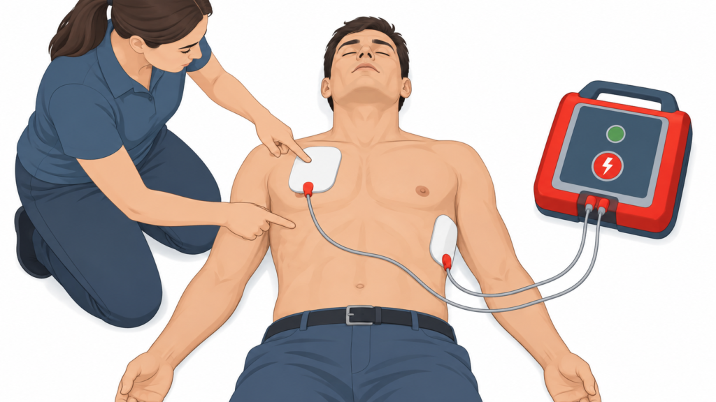 Ilustração educativa mostrando o posicionamento correto dos eletrodos do DEA em um adulto deitado de costas. Um eletrodo está colocado na parte superior direita do tórax, abaixo da clavícula, e o outro na lateral esquerda do peito. Uma socorrista aponta para as posições enquanto o desfibrilador permanece conectado por cabos.