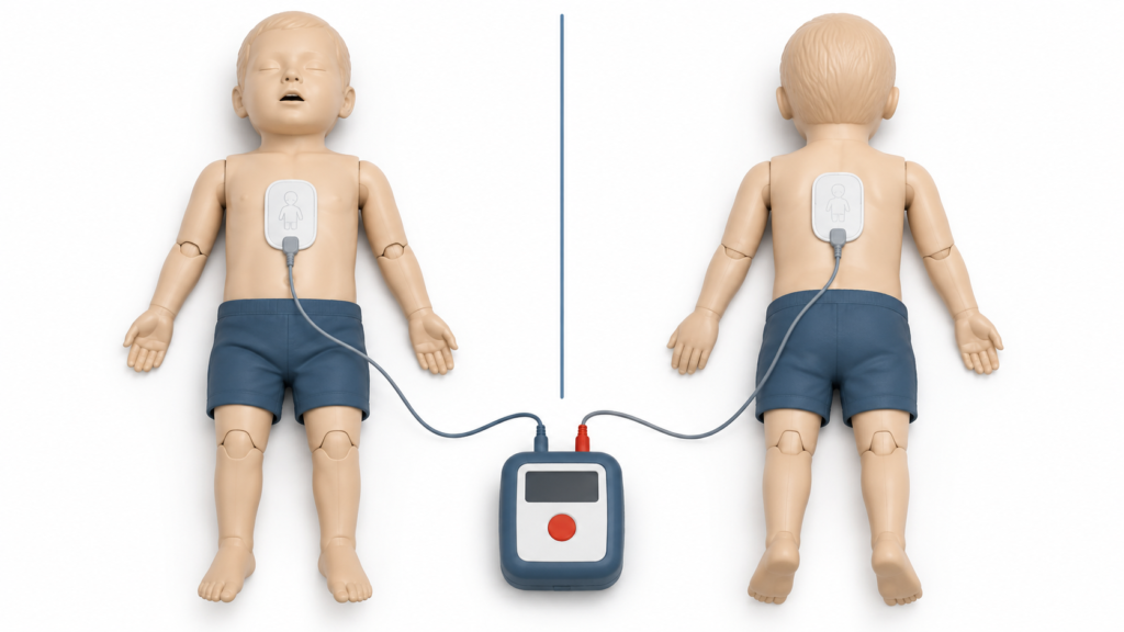 Ilustração educativa em dois painéis mostrando o posicionamento anteroposterior das pás de um desfibrilador externo automático em um manequim pediátrico de treinamento. À esquerda, o manequim aparece de frente, deitado de costas, com uma pá adesiva colocada no centro do tórax. À direita, o mesmo manequim aparece de costas, com a segunda pá posicionada na parte superior central das costas. Entre os dois painéis, há um DEA conectado por cabos às pás.