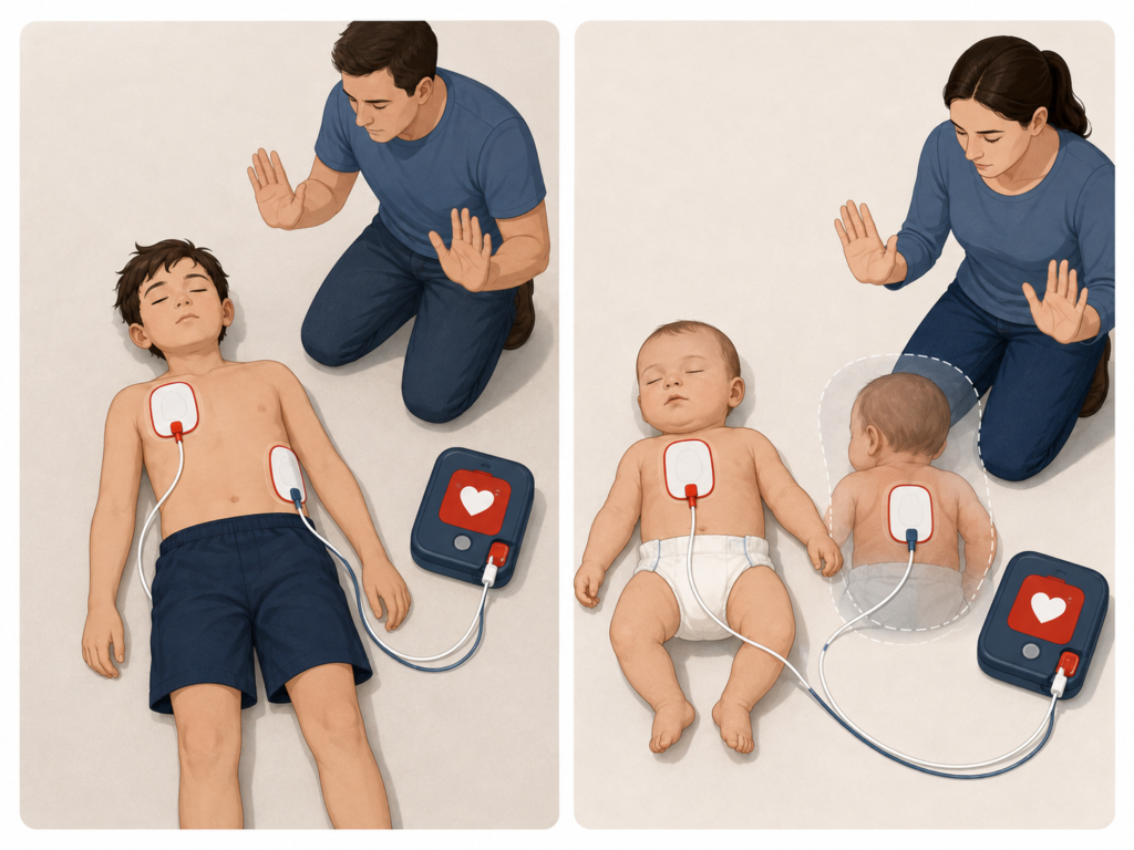 RCP em crianças e bebês: como fazer a reanimação cardiopulmonar passo a passo 3 Posicionamento das pás do DEA em crianças e bebês